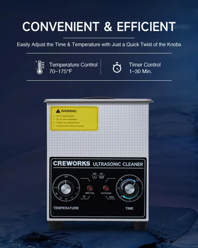 Vista 3 de CREWORKS Limpiador ultrasónico con calentador y temporizador, máquina de limpieza ultrasónica de acero inoxidable de 1/2 galón de 60 W, máquina