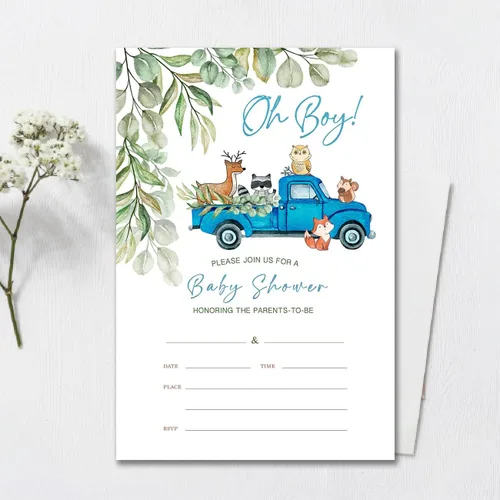Vista 3 de YIDOU Woodland Blue Truck Boy Baby Shower Invitaciones para fiesta de Greenery Woodland Animal Rellenar tarjetas de invitaciones 20 invitaciones