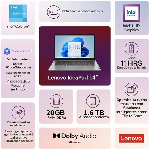 Vista 2 de Lenovo IdeaPad Laptop de 14 pulgadas • 12 GB de RAM • 384 GB de almacenamiento combinado a bordo • Intel Celeron • Gráficos Intel UHD • Batería