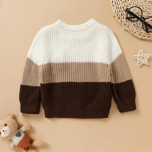 Vista 3 de Suéter de punto para bebé, niña, niño, con bloques de color, cuello redondo, manga larga, sudadera para otoño e invierno