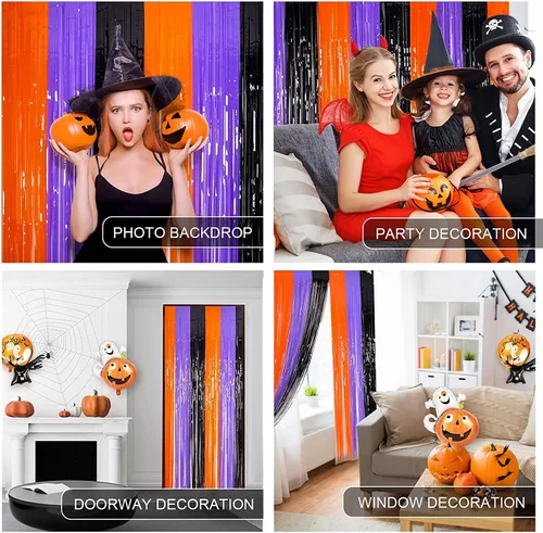 Vista 3 de LOLStar Paquete de 3 accesorios para cabina de fotos naranja, morado y negro, cortinas de flecos de aluminio de 3.3 x 6.6 pies, telón de fondo