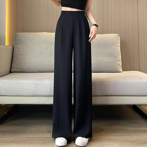 Vista 2 de Lroplie Wide Leg Pants for Women Summer Casual Solid Pant Leggings Pants Loose Elastic Waisted Suit Pants with Pockets