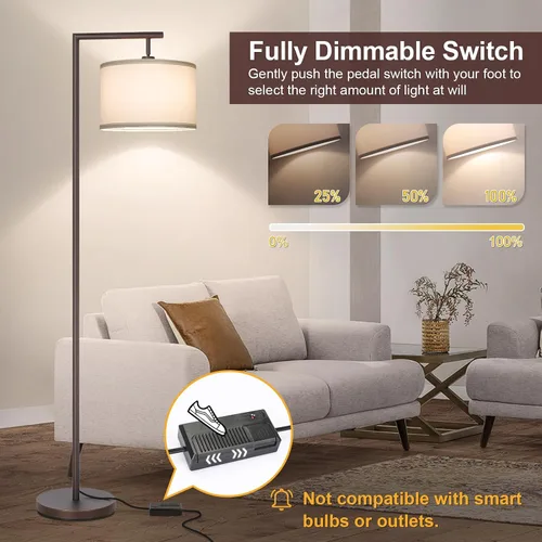 Vista 2 de Lámpara de pie completamente regulable marrón, lámpara de pie de arco para dormitorio con pantalla colgante ajustable y interruptor de pie, lámpara