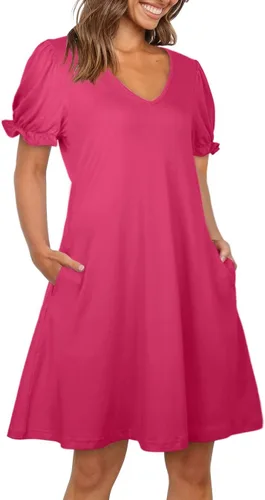 Vista 2 de Aloodor Vestido casual de manga corta con cuello en V y bolsillos para mujer