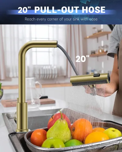 Vista 4 de APPASO Grifo de Cocina Dorado Sin Contacto con Rociador Desplegable, Grifo de Fregadero de Cocina con Sensor de Movimiento Tipo Cascada con Mango
