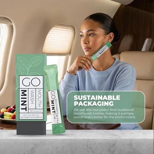 Vista 4 de GO - Paquetes de enjuague bucal tamaño viaje – Mini paquetes individuales individuales para aliento fresco – Cumple con la TSA – Diseño de paquete