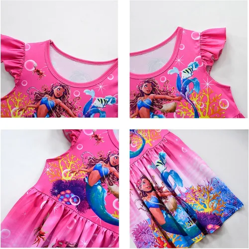 Vista 3 de Vestido de sirenita para niñas, vestidos de princesa de dibujos animados, manga con vuelo, ropa de juego elegante con swingdress 4-9 años