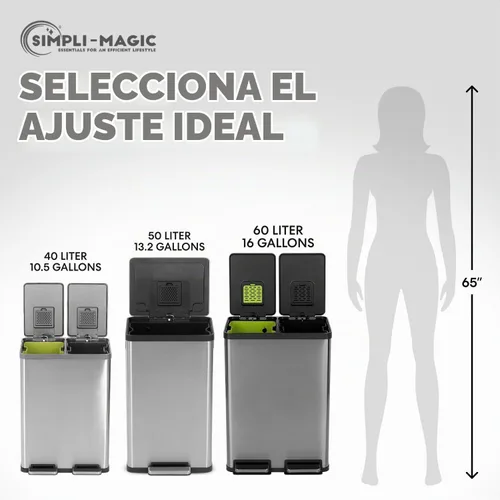 Vista 8 de SIMPLI-Magic Elegante bote de basura negro con pedal de 16 galones (60 litros), cubo de basura de cocina de doble compartimento con contenedores