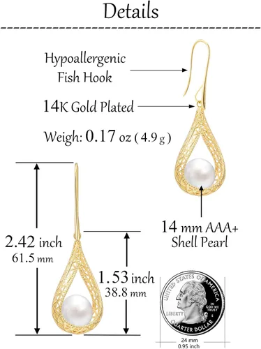 Vista 3 de Juego de collar y aretes de perlas grandes de 0.551 in para mujer, conjunto de joyas chapadas en oro