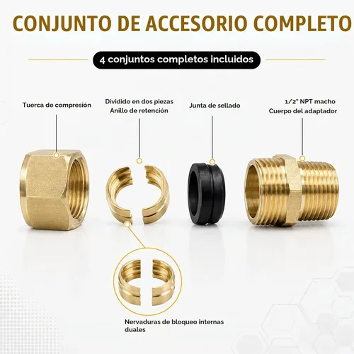 Vista 2 de Paquete de 4 accesorios de latón macho NPT de 1/2 pulgada para tubos de gas corrugado compatibles, kit de adaptador de terminación CSST con junta