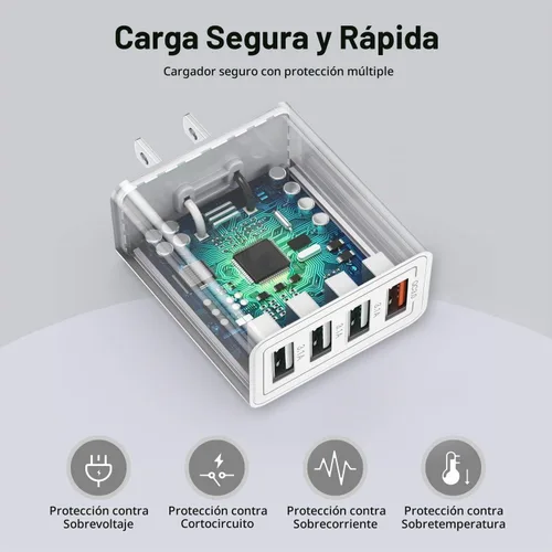 Vista 5 de Cargador USB, Bloque de Carga de Pared USBA de 4 Puertos, Adaptador de Enchufe de Carga Rápida QC 3.0 Compatible con iPhone 12/13/14/15/XS/XS 1