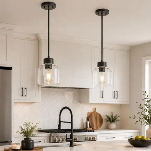 Vista 8 de Luces Colgantes Negras para Isla de Cocina, Accesorios de Luces Colgantes de 7" con Pantalla de Vidrio Transparente, Iluminación Colgante Moderna