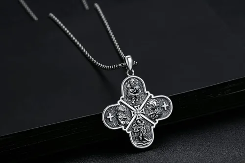 Vista 3 de lotus & leaf Collar con colgante de plata de ley 925 de San CristópaloCalaveraAnubisCruz de cuatro vías, mal de ojoMedalla de San Miguel, joyería