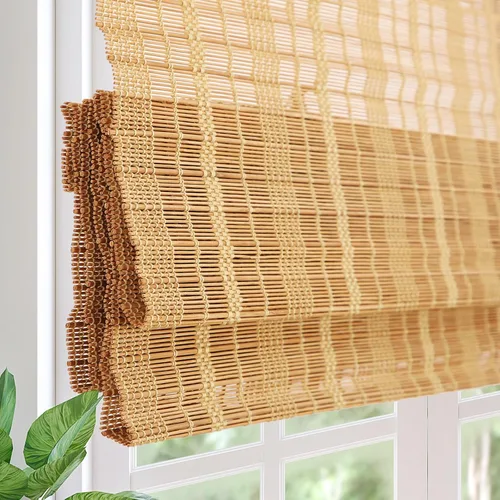 Vista 9 de Persianas romanas de bambú opacas inalámbricas, de fácil control, de madera tejida natural, persianas de bambú con forro de gran privacidad