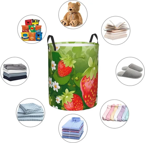 Vista 6 de Strawberry and flower print Circular Hamper Waterproof Storage Bin Organizer Basket Laundry Hamper With Handles For Clothes Toys Small