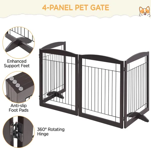Vista 5 de Yaheetech Puerta extra ancha independiente para perros, valla plegable para cachorros con pies de apoyo adecuada para puertas, escaleras, 98 Espresso