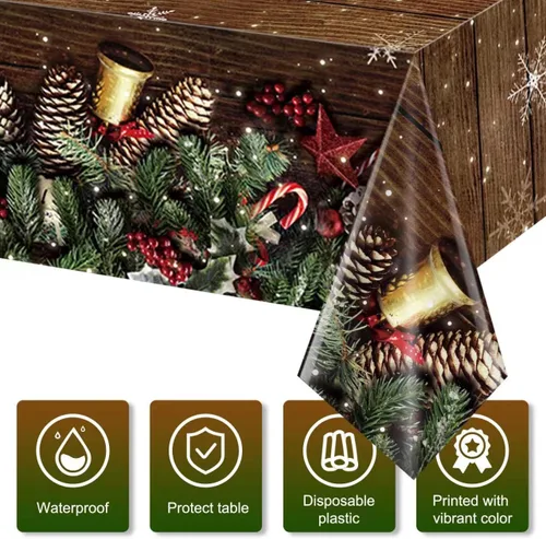 Vista 3 de Paquete de 3 manteles navideños con veta de madera marrón, cubremesas de plástico de madera con brillantina dorada de copos de nieve navideños