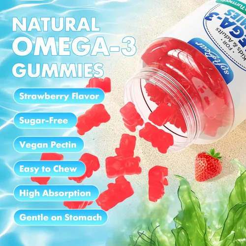 Vista 6 de softbear Gomitas Omega 3 para mujeres, hombres y niños, suplementos Omega 3 de 1200 mg de ácidos grasos veganos Omega 3 DHA EPA con vitaminas que