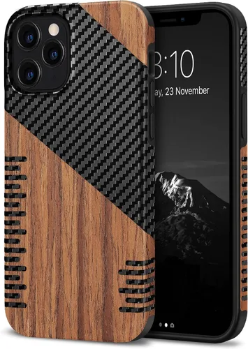 Vista 16 de TENDLIN Compatible con iPhone 12 Mini Funda de Grano de Madera con Textura de Fibra de Carbono Diseño de Cuero Híbrido Funda Negra
