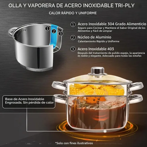 Vista 3 de AuFranc® olla de 4 cuartos de acero inoxidable 18/10 de tres capas con tapa de vidrio templado y vaporera, olla a vapor multiusos compatible