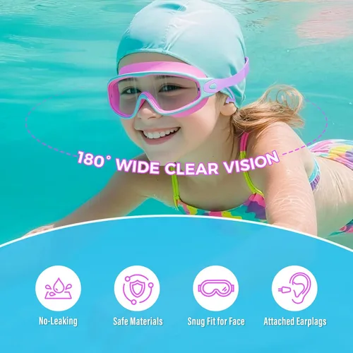 Vista 2 de Paquete de 3 gafas de natación para niños, con tapones para los oídos, marco grande, antivaho, UV, visión amplia, para niños y niñas de 4 a 12 años