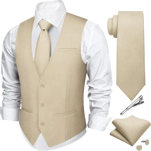 Vista 15 de DiBanGu Mens Vest Tie Set 5PCS Formal Dress Waistcoat Light Grey