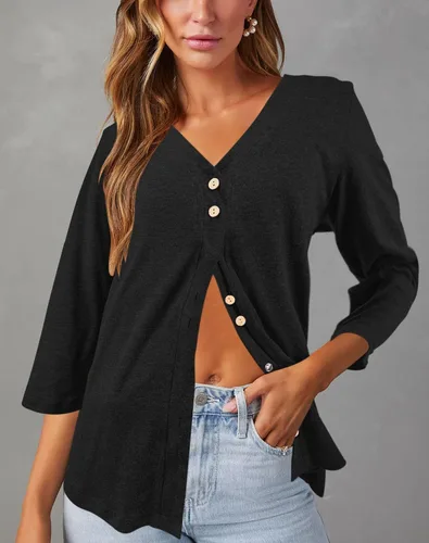 Vista 3 de Camisetas de manga 34 con cuello en V para mujer, con botones, estilo casual, lisas, blusas básicas