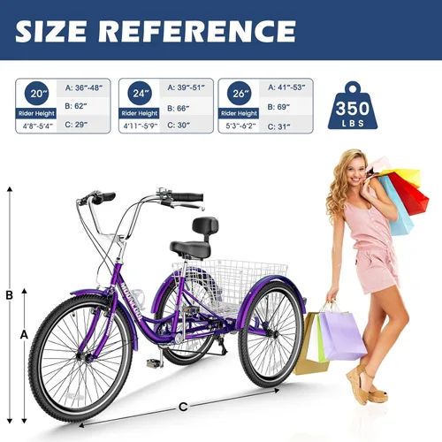 Vista 5 de Triciclos para adultos de 7 velocidades, bicicletas de 3 ruedas de 24/26 pulgadas, bicicletas de tres ruedas de crucero con canasta grande