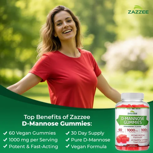 Vista 2 de Zazzee Gomitas D-manosa, 1000 mg por porción, 60 gomitas veganas, sabor a fresa, sin azúcar, potente y de acción rápida, apoyo natural para la salud