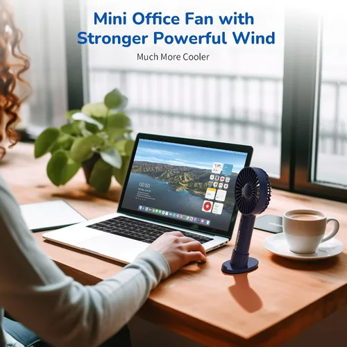 Vista 7 de Jancane Ventilador de mano, mini ventilador portátil recargable por USB con base, batería de 10 horas, viento fuerte, pequeño y potente, bonito Azul
