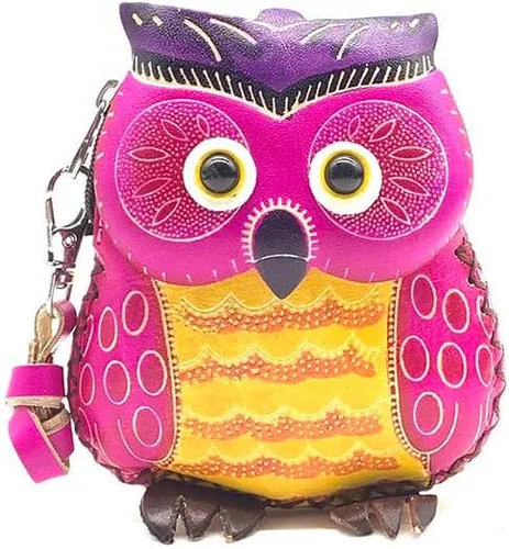 Vista 5 de Handmade Vintage Genuine Leather 3D Animal Owl Coin Purse with Removable Wrist Strap (Brown)