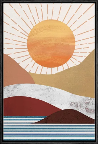 Vista 56 de bestdeal depot Lienzo enmarcado para pared, arte geométrico de sol y montaña, reflejo del mar, naturaleza, ilustraciones de área silvestre, arte