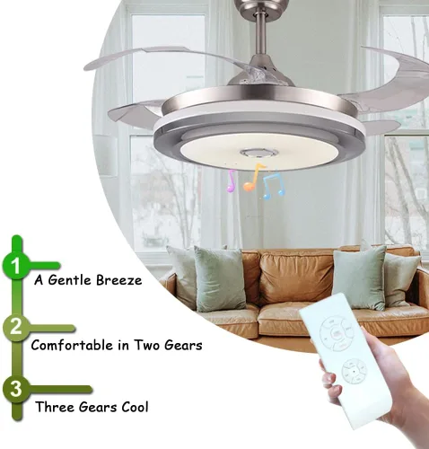 Vista 4 de Makewa Ventilador de techo retráctil de 36 pulgadas con altavoz Bluetooth, moderno ventilador de araña con control remoto de 3 velocidades