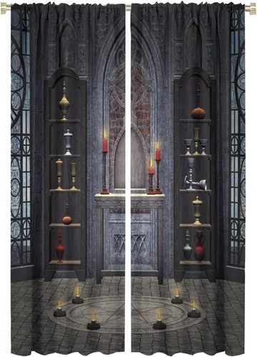 Vista 32 de Cortinas góticas con diseño de luna de Halloween, historia, puerta espeluznante, fondo de terror, vela, ficción, patrón de impresión, sala de estar
