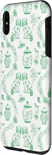 Vista 2 de Funda para iPhone XS Max Preppy Green & White Toile Chinoiserie Dogs and Ginger Jars