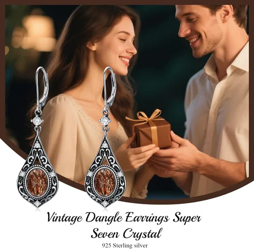 Vista 6 de MRENITE Aretes colgantes de cristal natural victoriano vintage de inspiración antigua para mujer, aretes de piedra curativa ovalada natural