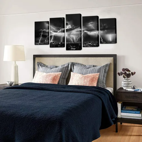 Vista 4 de Biuteawal - Arte de pared en blanco y negro de la naturaleza, relámpagos en las nubes, pintura sobre lienzo, tormenta y vista nocturna de la ciudad