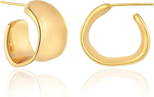 Vista 7 de Aretes de aro gruesos de oro para mujer, chapados en oro de 14 quilates, aretes gruesos pulidos en oro, delicados, simples, hipoalergénicos, regalo