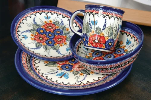 Vista 2 de Cerámica polaca de rosas azules, juego de vajilla de 16 piezas con diseño de mariposa floral roja, 4 lugares, ideal para cenas diarias, comidas