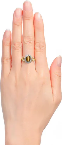 Vista 2 de Rylos Anillo de plata chapado en oro amarillo con piedra preciosa inspirada en la princesa Diana de 0.354 x 0.276 in y un halo de diamantes, joyería