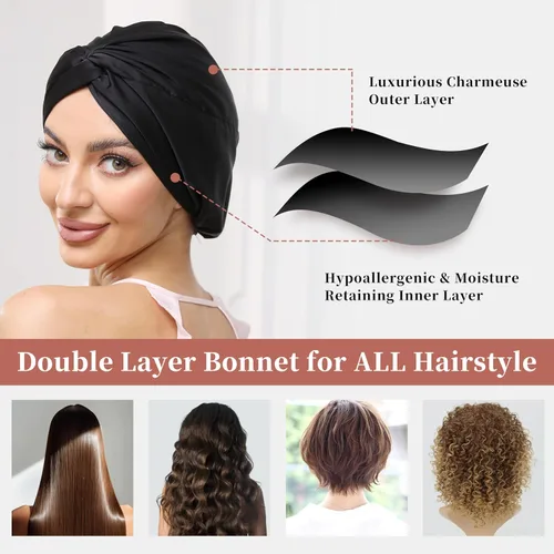Vista 65 de Gorro de satén de seda ajustable para envolver el cabello para dormir, gorro de dormir de doble capa, turbante nocturno para cabello largo y rizado