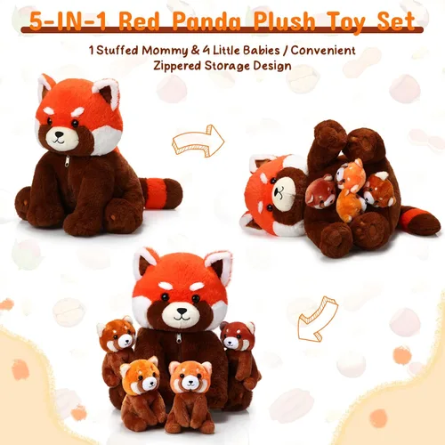 Vista 4 de Syhood - 5 piezas de peluche de panda rojo nutritivo con 4 juguetes de peluche lindos para bebés, regalos interactivos para niños, jardín