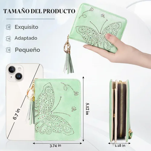 Vista 3 de KITEVIUN Cartera RFID delgada para mujer con doble pliegue, tarjetero con cremallera y monedero, cartera ultradelgada compacta con ventana