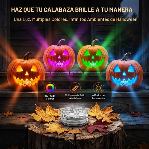 Vista 3 de Luces LED de calabaza con control remoto, 16 colores, 4 modos, funciona con pilas, luces sumergibles que cambian de color, para Halloween, calabaza