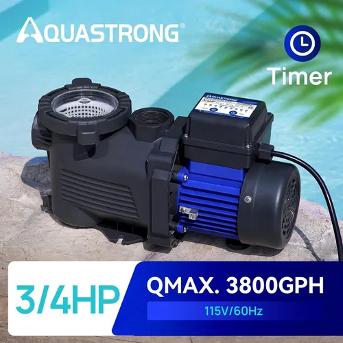 Vista 5 de Aquastrong Bomba de piscina sobre el suelo de 3/4 HP con temporizador, 115 V, 3800 GPH, adaptador de 1.25 y 1.5 pulgadas, alto flujo, potentes