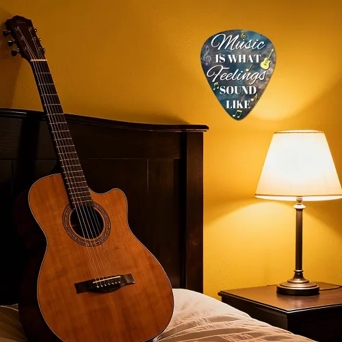 Vista 7 de GLOBLELAND Letrero de metal con diseño de púa de guitarra, diseño vintage con texto en inglés "Music is What Feelings Sound Like Signs", póster
