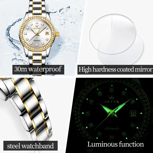 Vista 6 de OLEVS Relojes automáticos para mujer, de acero inoxidable, mecánico, con diamante, luminoso, impermeable, reloj de pulsera para mujer