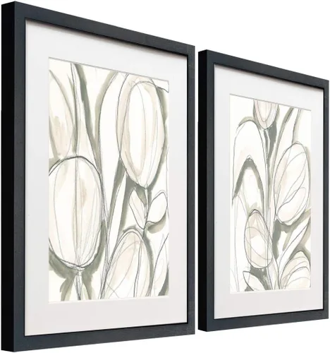 Vista 2 de Renditions Gallery Juego de 2 obras de arte enmarcadas con diseño abstracto tropical, hojas florales, arte contemporáneo, abstracto moderno, marco