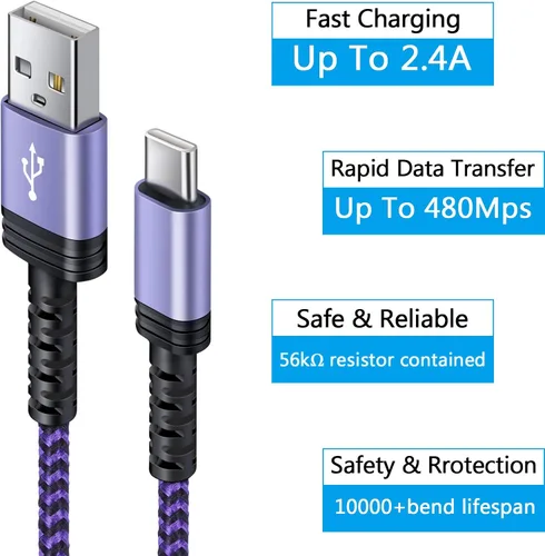Vista 4 de Cable de carga C de carga rápida tipo coche USB C cable Android Kindle teléfono 6 pies 2 unidades para Samsung Galaxy A13 A14 A54 A53 A01 A12 S22