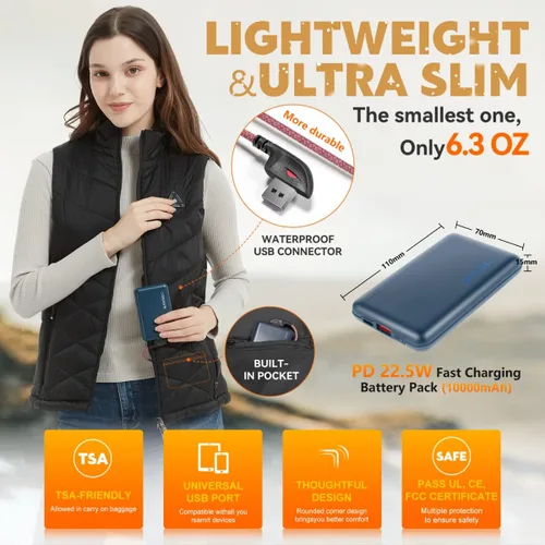 Vista 4 de KOVNLO Chaleco térmico para mujer con batería incluida, chaleco calefactor eléctrico recargable de ajuste delgado